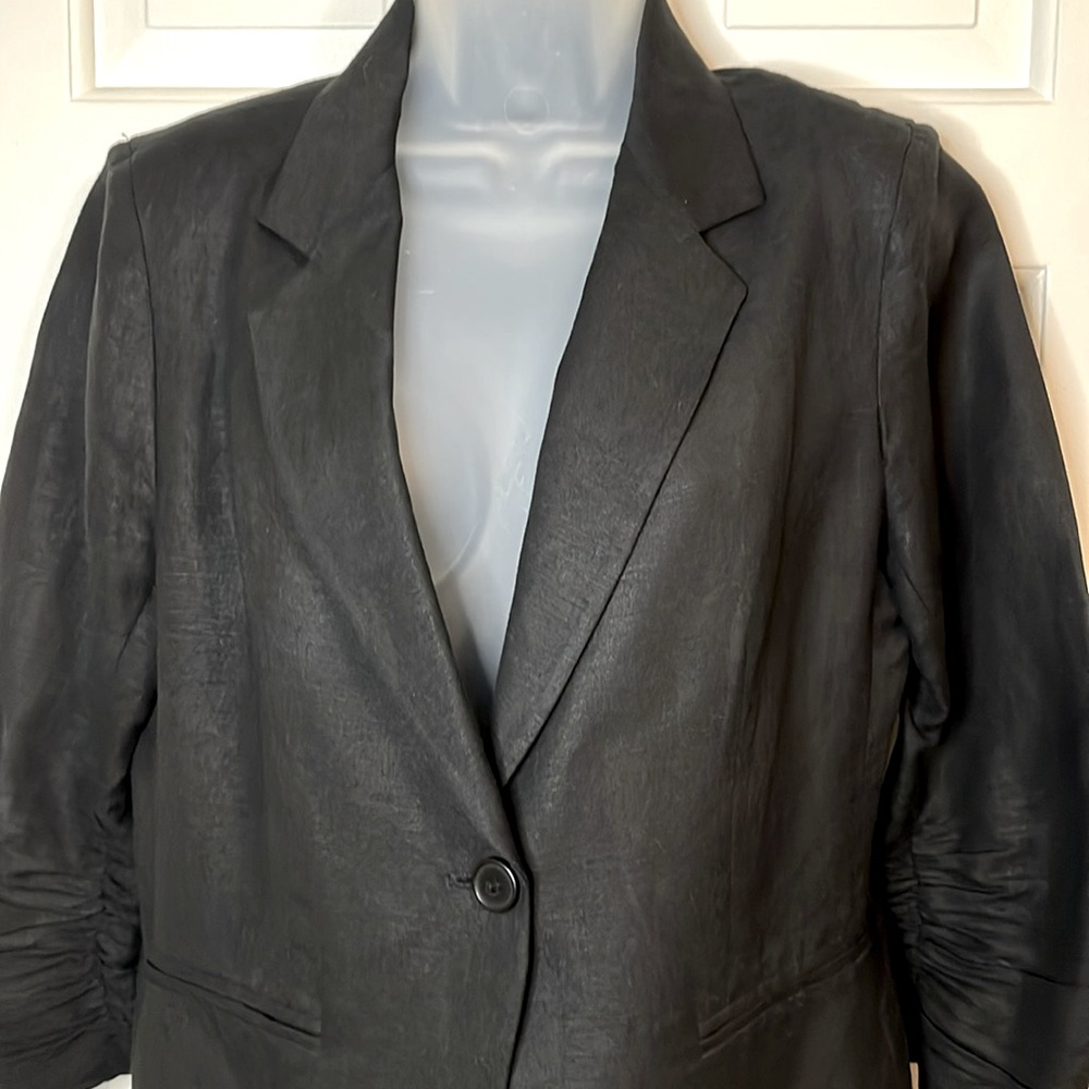 🌷Olivia Moon Linen One Button 3/4 Ruched Sleeved Blazer Black - Picture 5 of 13
